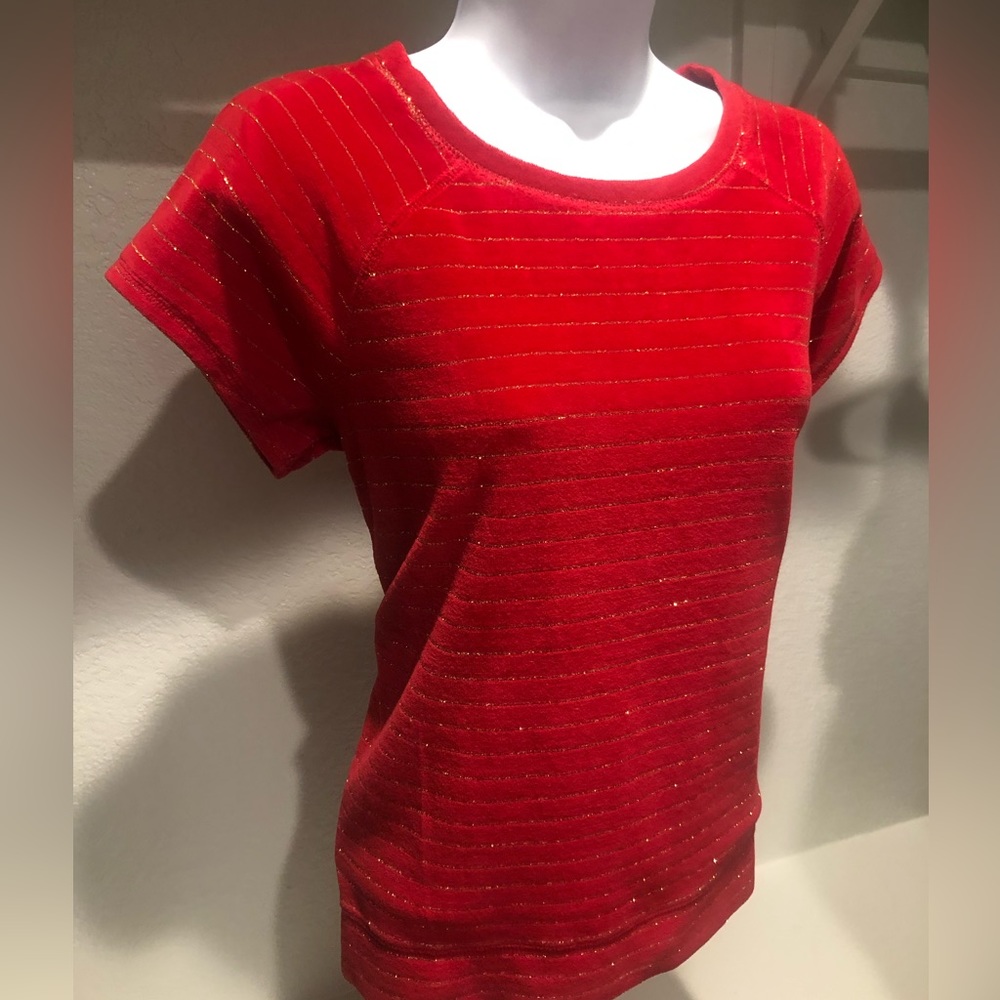 Red and Gold Striped Velvet Blouse - Size M Medium - Perfect for Christmas!